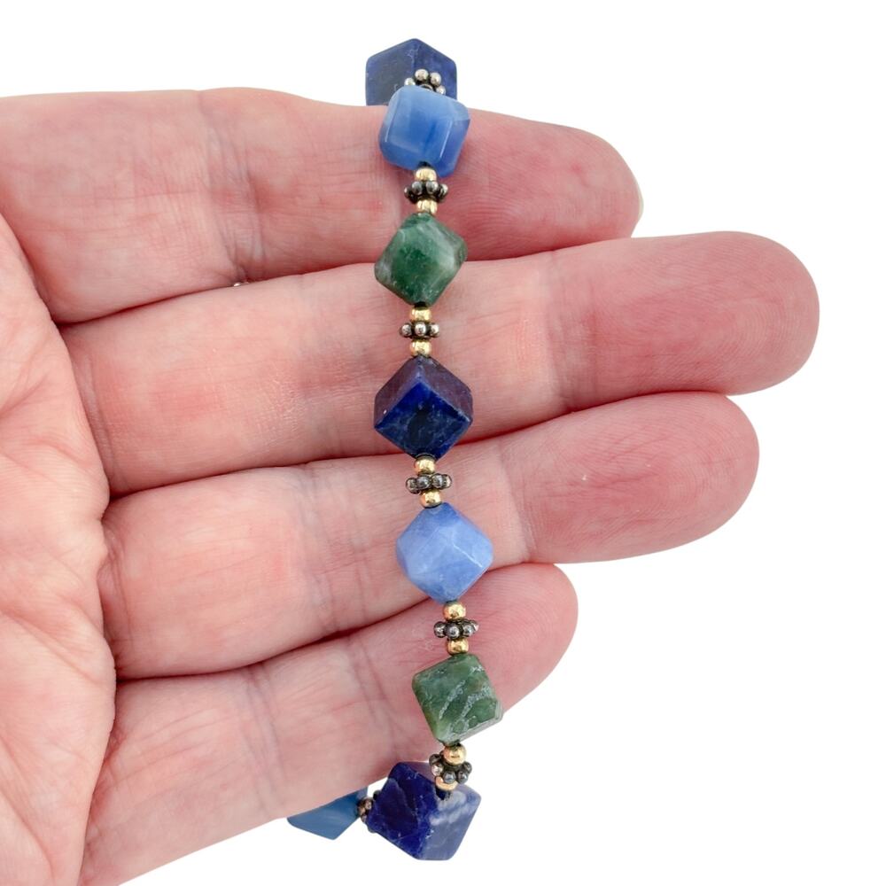 Vintage Sterling Silver 925 Lapis Aventurine Cube Bead Bracelet 7.5"-9.25"